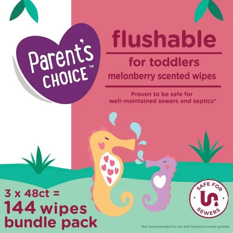 Flushable Melonberry Scented Wipes, 3 Flip Top 48 Count